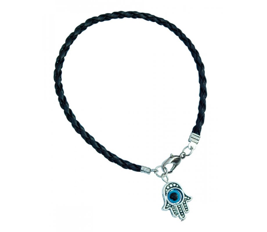 Black Braided Cord Kabbalah Bracelet with Hamsa Charm