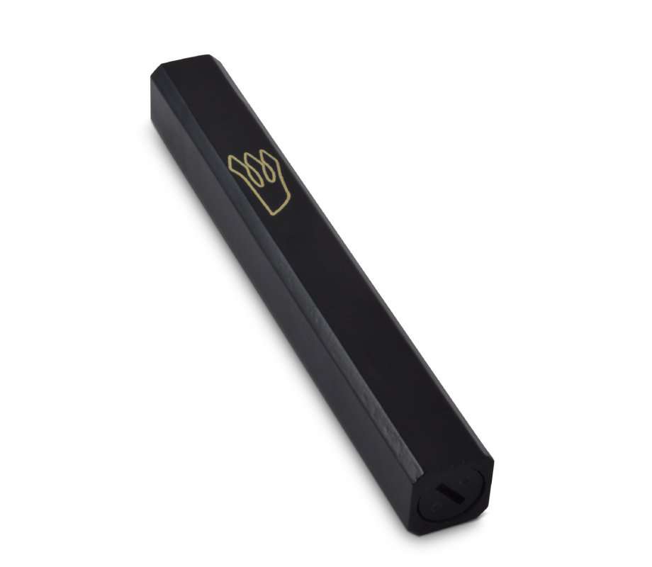 Black Colored Wood Mezuzah Case with Gold Shin Outline