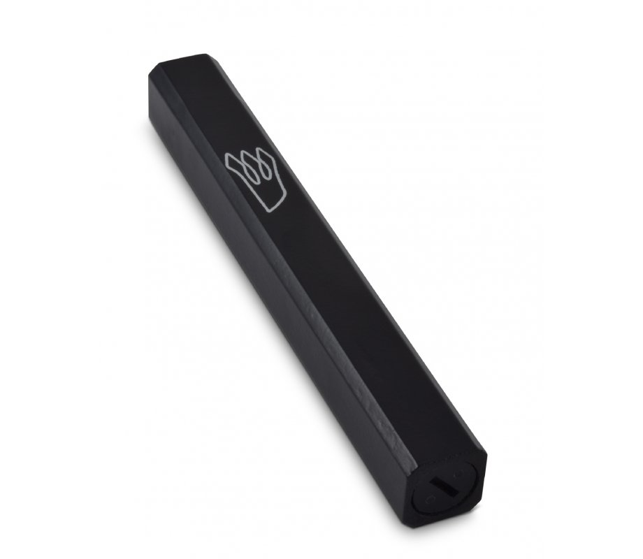 Black Colored Wood Mezuzah Case with Silver Shin Outline