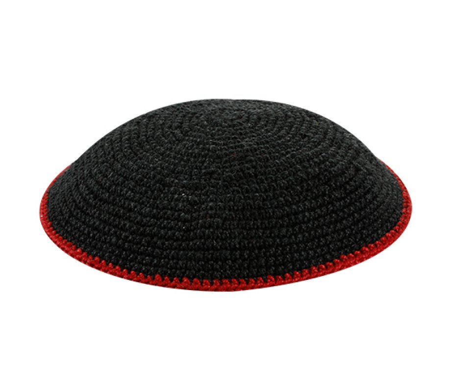 Black DMC Knitted Kippah with Red Border - Smaller Sizes