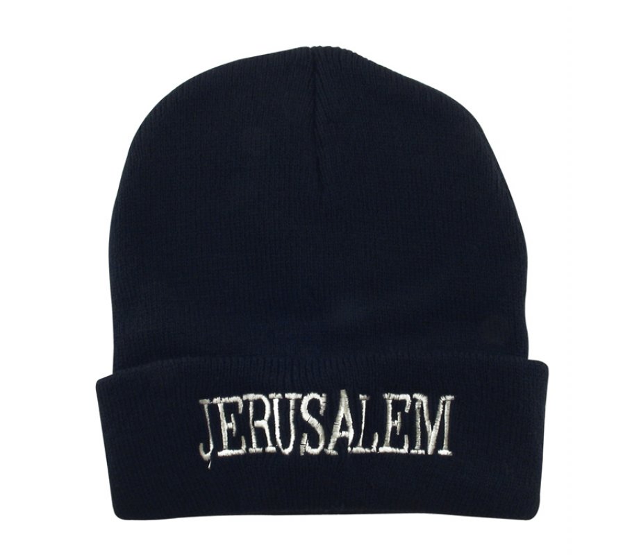 Black Knit Acrylic Cap - JERUSALEM on the brow