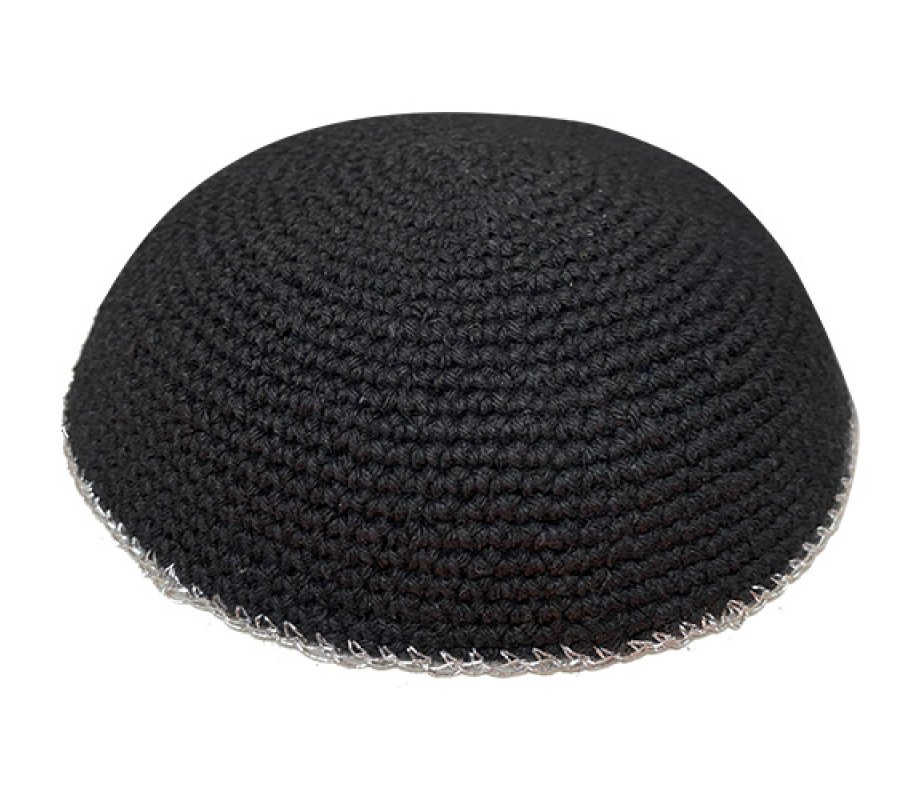 Black Knitted Kippah Srugah with Silver Border - Choice of Sizes