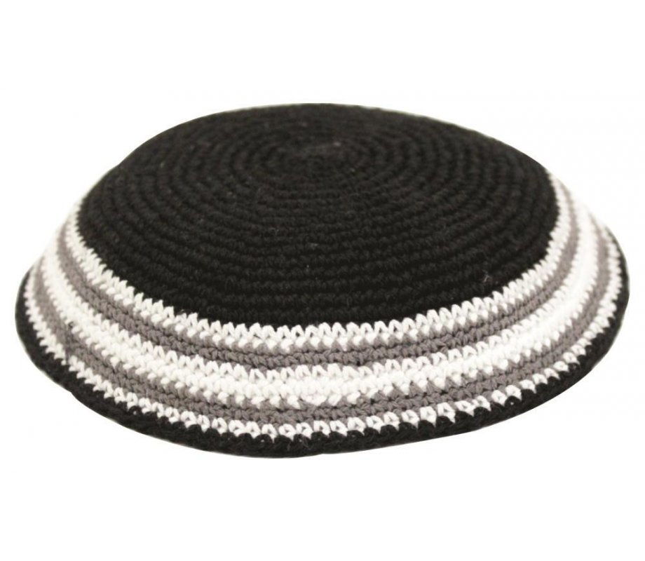 Black Knitted Kippah with Gray and White Border Stripes