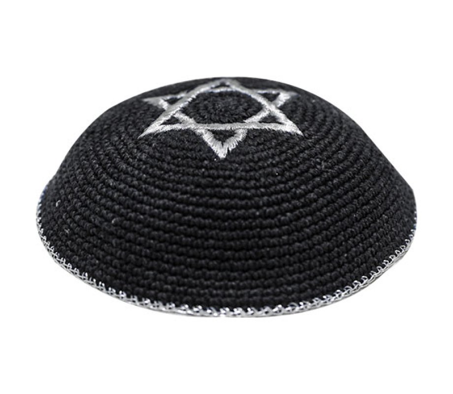 Black Knitted Kippah with Silver Star of David and Border
