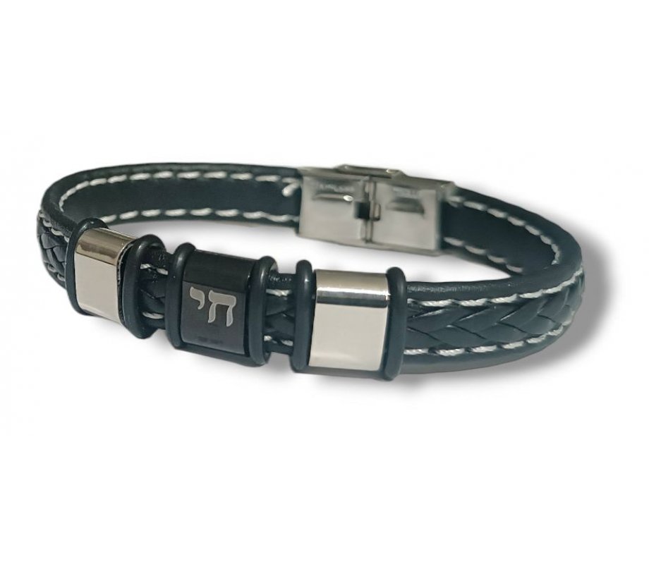 Black Leather Bracelet, Engraved Arrows - Center Plaque with CHAI in Hebrew