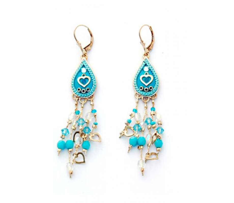 Blue Bead Heart Oriental Earrings by Ester Shahaf
