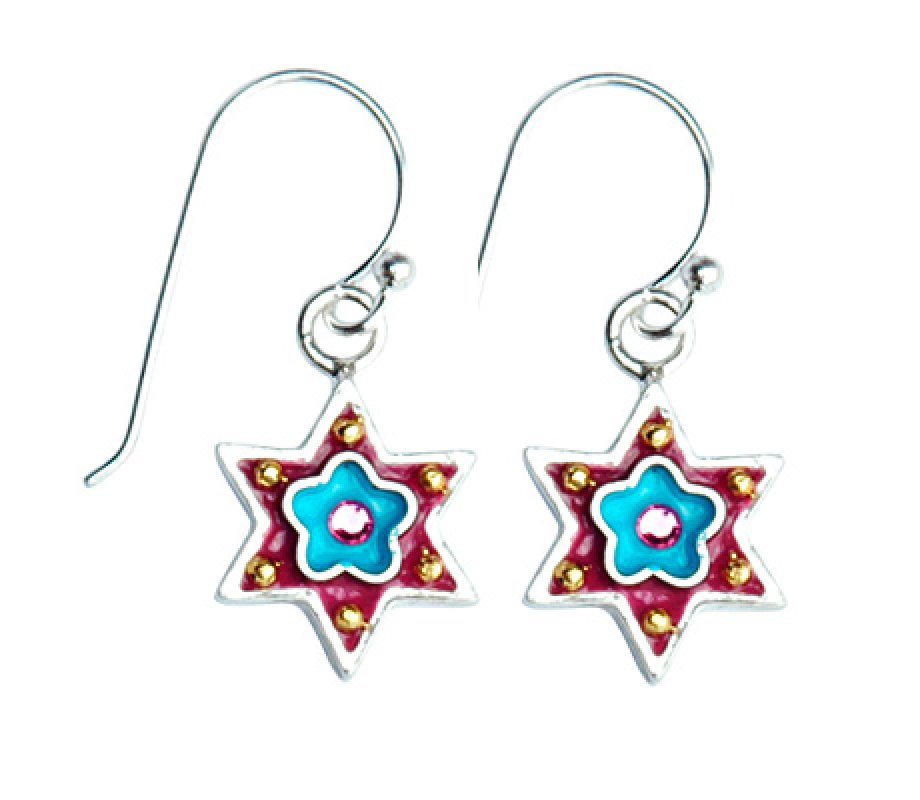 Blue Flower Star of David Earrings by Ester Shahaf