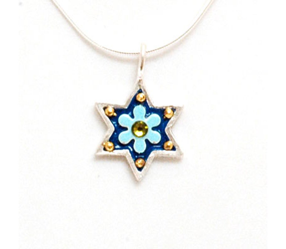 Blue Flower Star of David Pendant - Shahaf