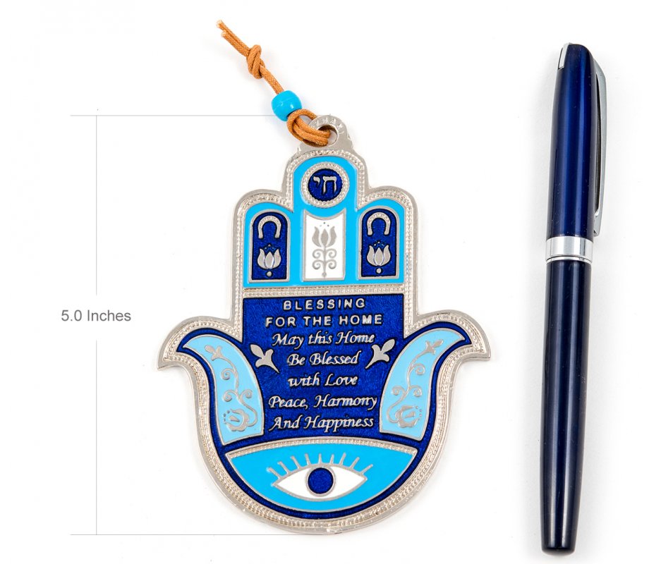 Blue Hamsa Wall Decoration with Good Luck Symbols and Home Blessing - English