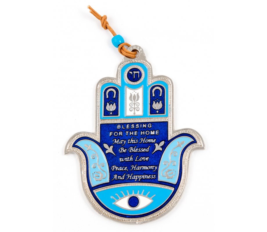 Blue Hamsa Wall Decoration with Good Luck Symbols and Home Blessing - English