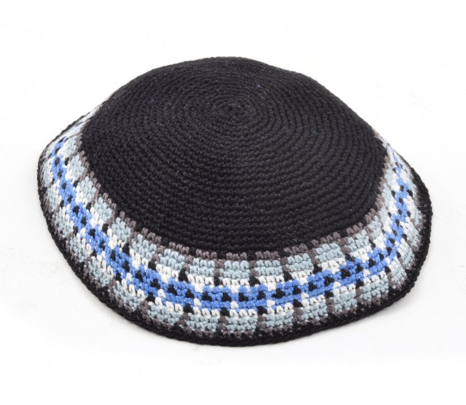 Blue Hand Knitted Premium DMC Cotton Kippah - White and Blue Border