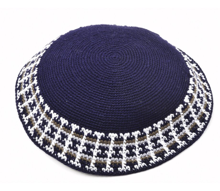 Blue Hand Knitted Premium DMC Cotton Kippah - White and Green Border