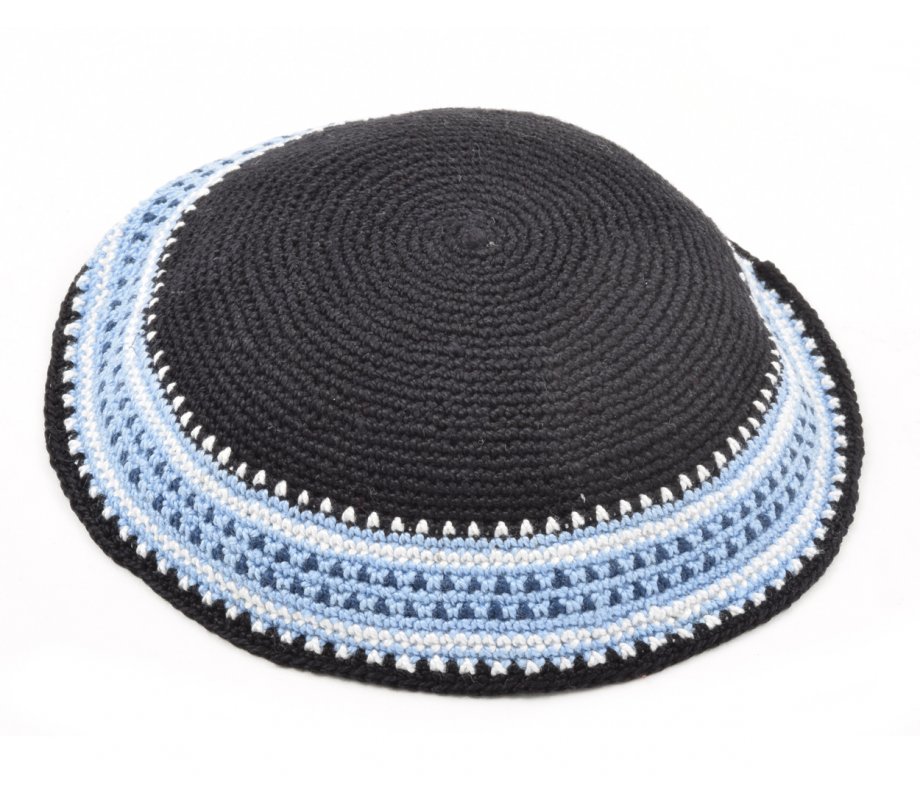 Blue Hand Knitted Premium DMC Cotton Kippah - White and Light Blue Border