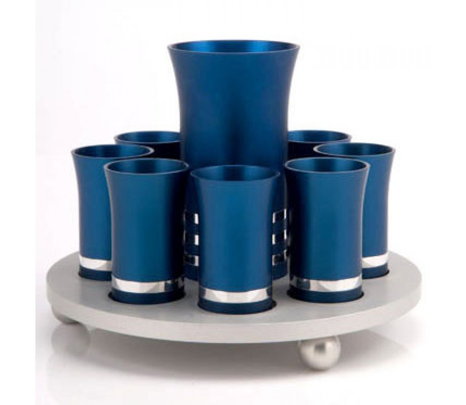 Blue-Silver Kiddush Cup Set with 8 Cups by Agayof