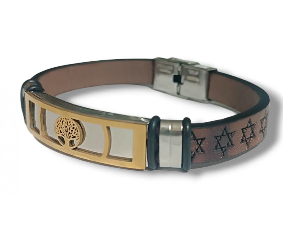 Brown Leather Bracelet, Stars of David - Center Plaque with Gold Tree of Life