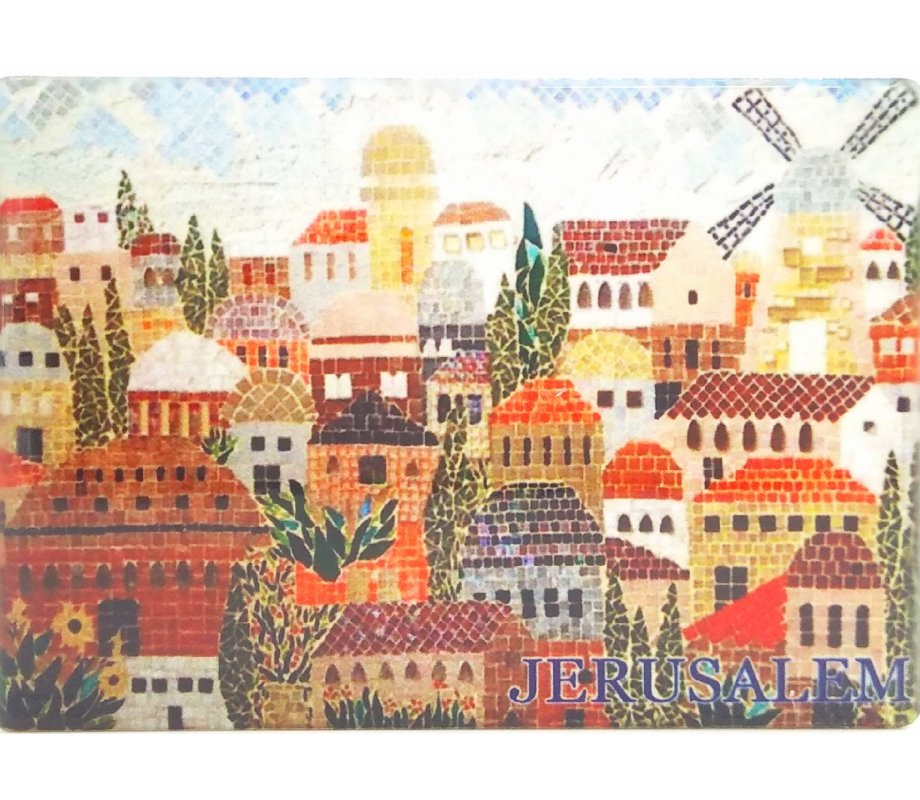 Ceramic Magnet - Colorful Jerusalem and its Landmark Windmill