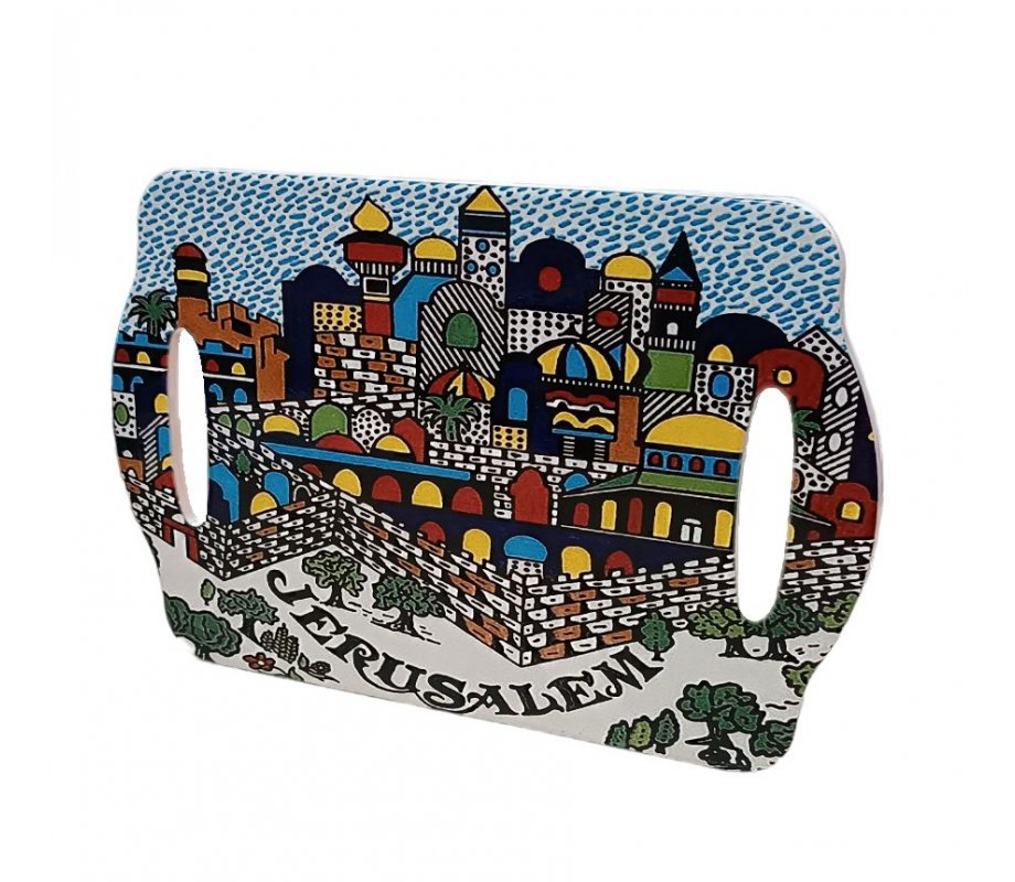 Ceramic Serving Tray with Jerusalem View in Colorful Armenian Art Style