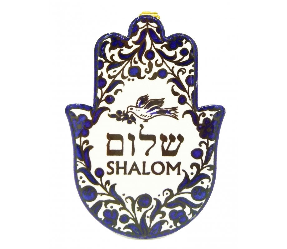 Ceramic Wall Hamsa with Dove of Peace Shalom Design with Blue Flowers