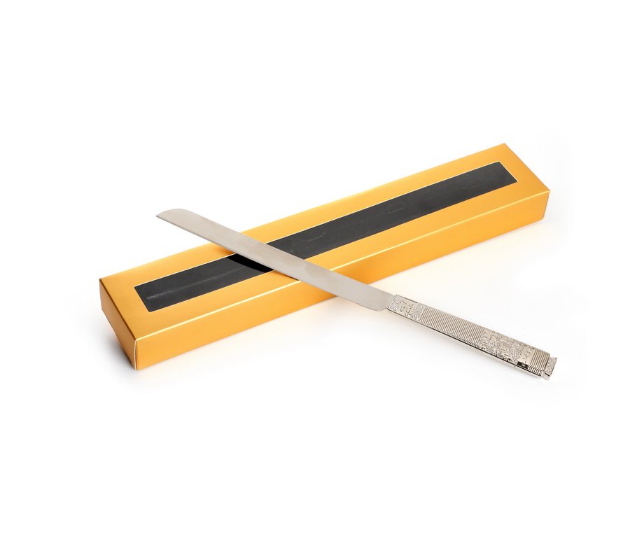 Challah Knife, Stainless Steel and Nickel Plate - Jerusalem Images Handle