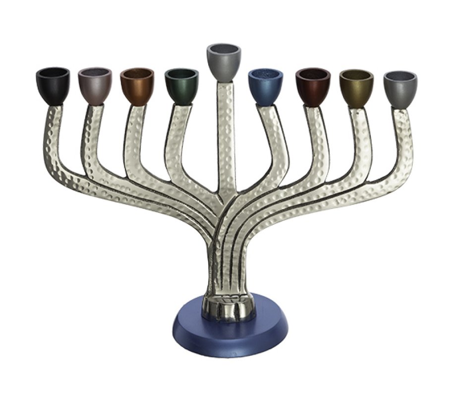 Chanukah Menorah Classic Design, Hammered Aluminum - Multicolors