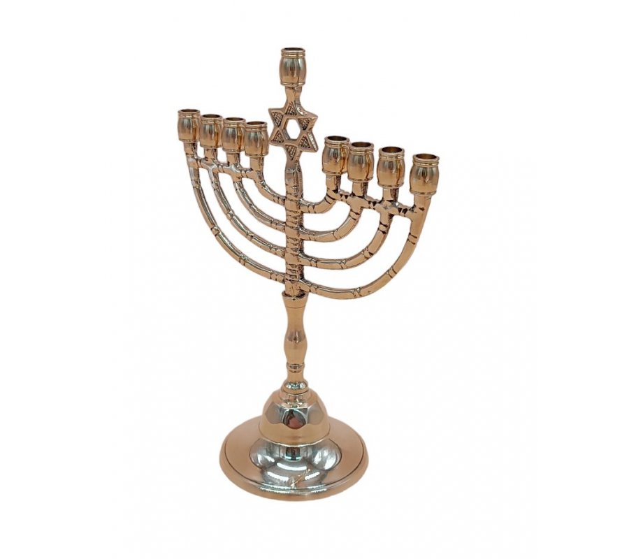 Chanukah Menorah, Gold Metal with Decorative Star of David - 8 Inches Height