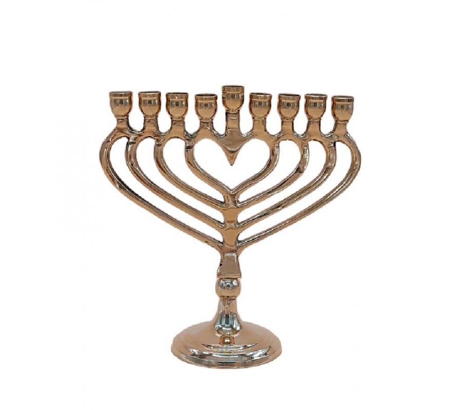 Chanukah Menorah, Gold Metal with a Heart Shape - 7.4 Inches Height
