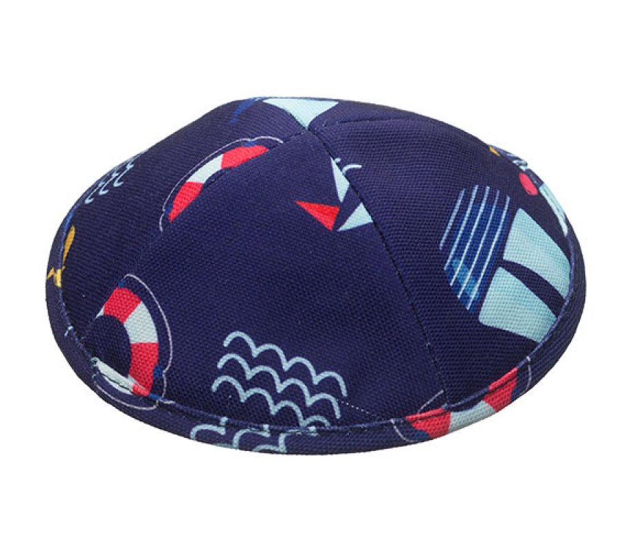 Children's Blue and Red Sailboat Design Flat Cloth Kippah