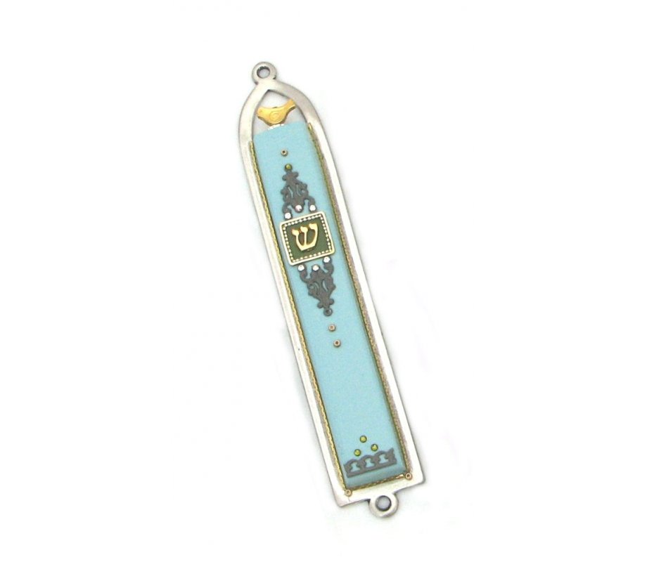 Classic Turquoise Dove Design Mezuzah by Ester Shahaf