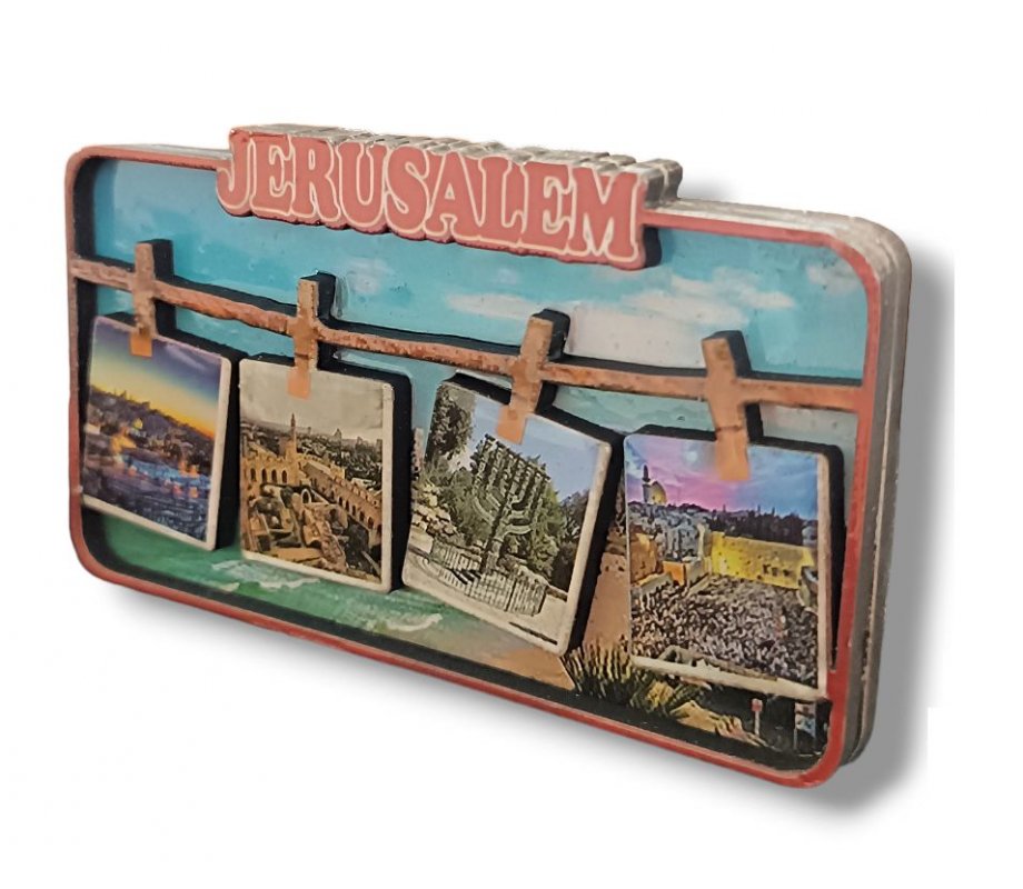 Colorful 3D Cutout Wood Jerusalem Magnet, Hanging Clothesline - Jerusalem Sites