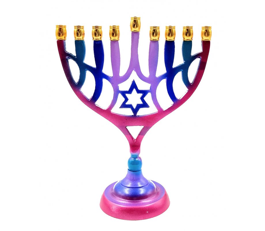 Colorful Chanukah Menorah on Stem with Star of David - For Candles