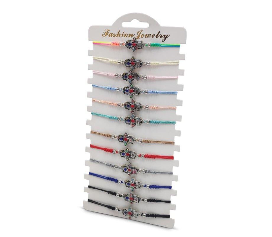 Colorful Cord Bracelets with Silver Colored Decorative Hamsa - Package of 12