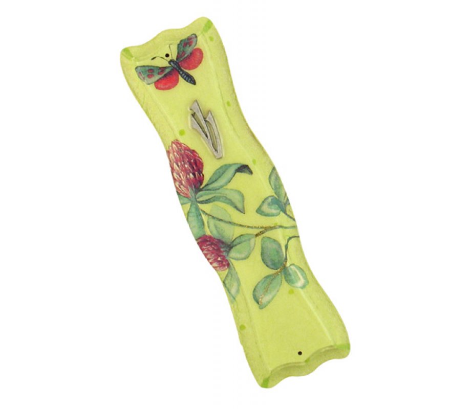 Colorful Wood Mezuzah Case, Flower and Butterfly - Golden Yellow