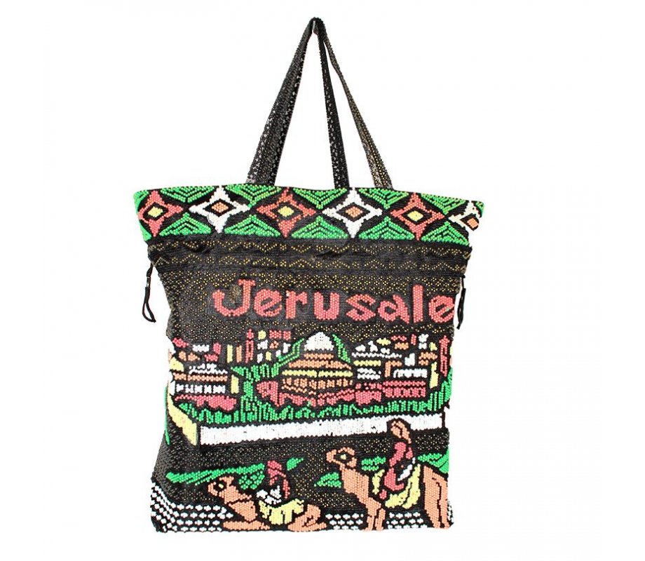 Colorfully Beaded Fabric Tote Bag with Jerusalem Design