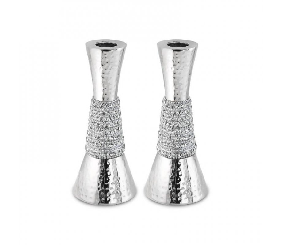 Cone Shaped Shabbat Candlesticks, Hammered Aluminum – Silver Crystals Decoration