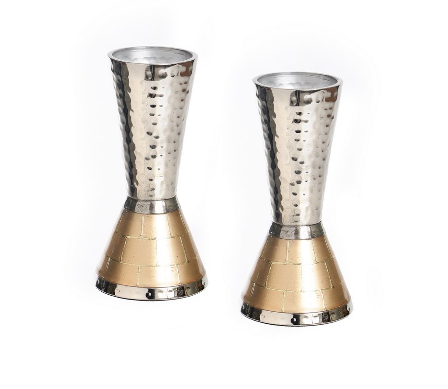 Cone Shaped Silver and Copper Shabbat Candlesticks, Hammered and Wall Design