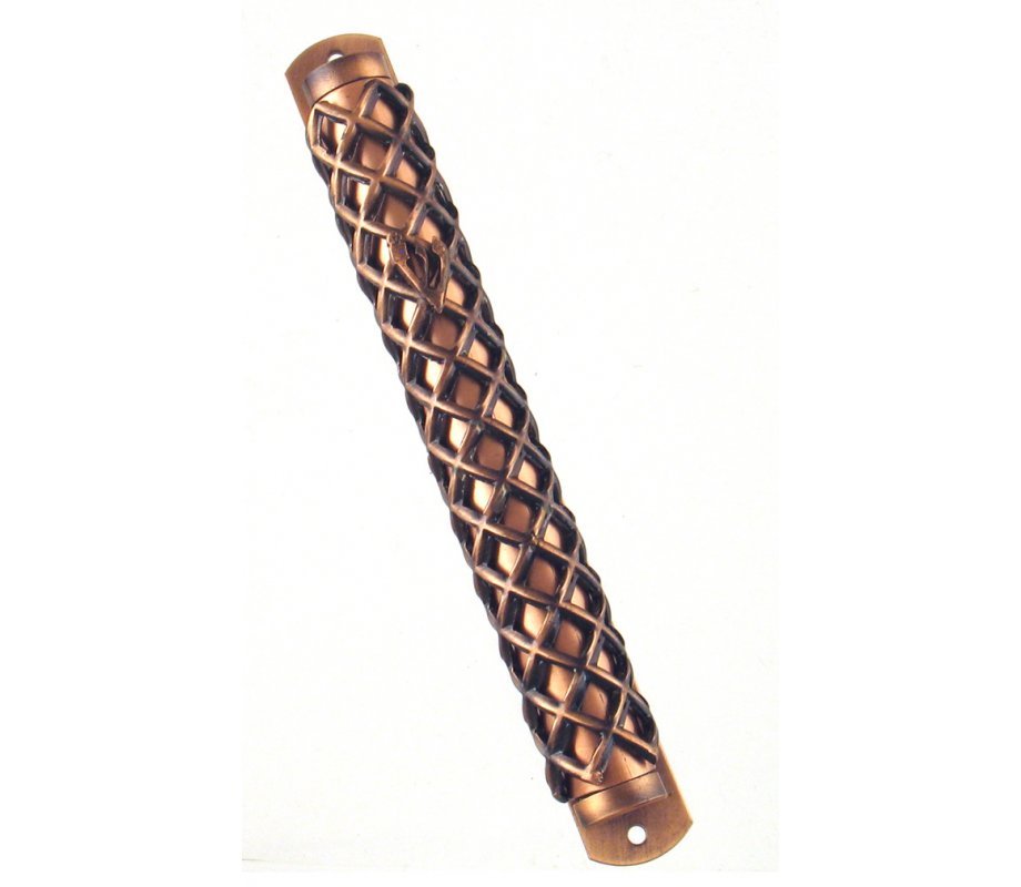 Copper Color Pewter Mezuzah Case with Criss-Cross Design