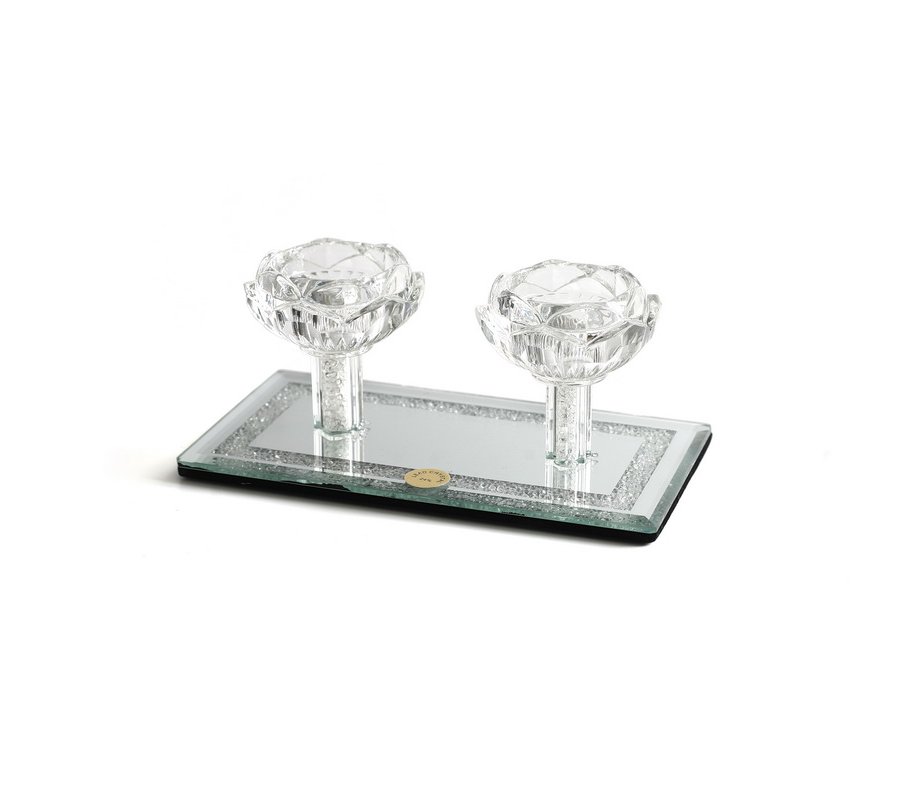 Crystal Glass Double Candlesticks, Flower Design - Rectangular Mirror Base