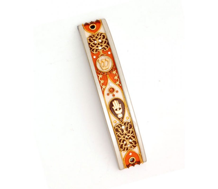 Curved Pewter Mezuzah Case in Autumn Shades by Ester Shahaf