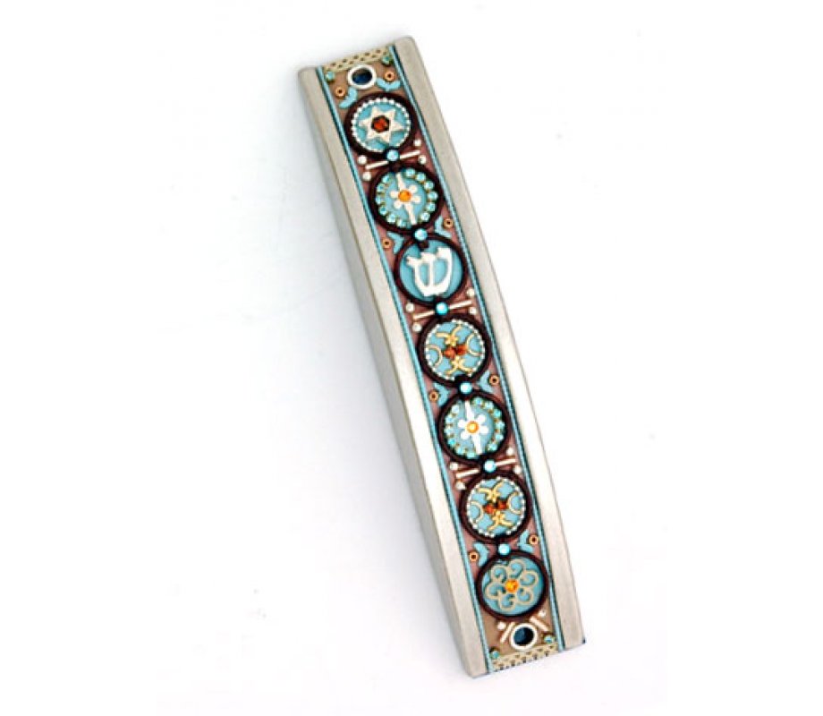 Curved Pewter Mezuzah in Brown and Blue by Ester Shahaf