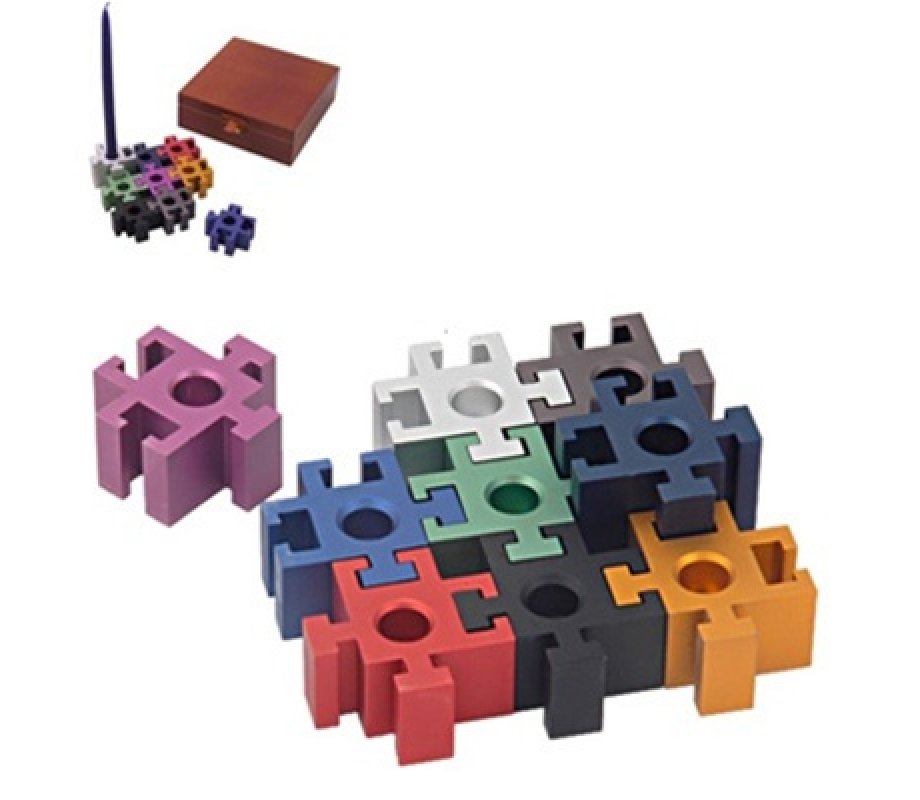Dabach Judaica, Anodized Aluminum Puzzle Pieces Chanukah Menorah - Colorful