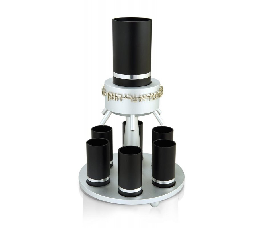 Dabbah Judaica Anodized Aluminum Wine Fountain Silver Line 6 Cups - Black