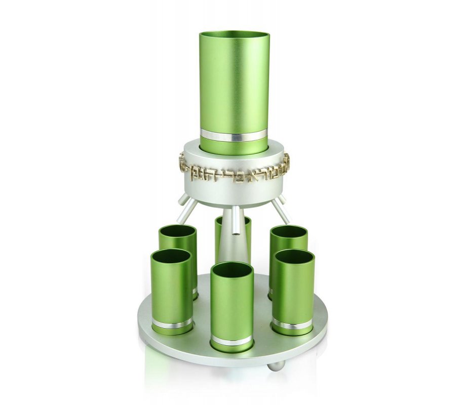 Dabbah Judaica Anodized Aluminum Wine Fountain Silver Line 6 Cups - Green
