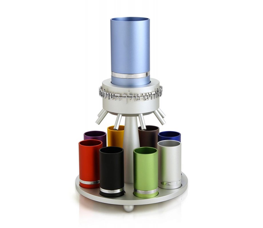 Dabbah Judaica Anodized Aluminum Wine Fountain Silver Line 8 Cups - Multi-color