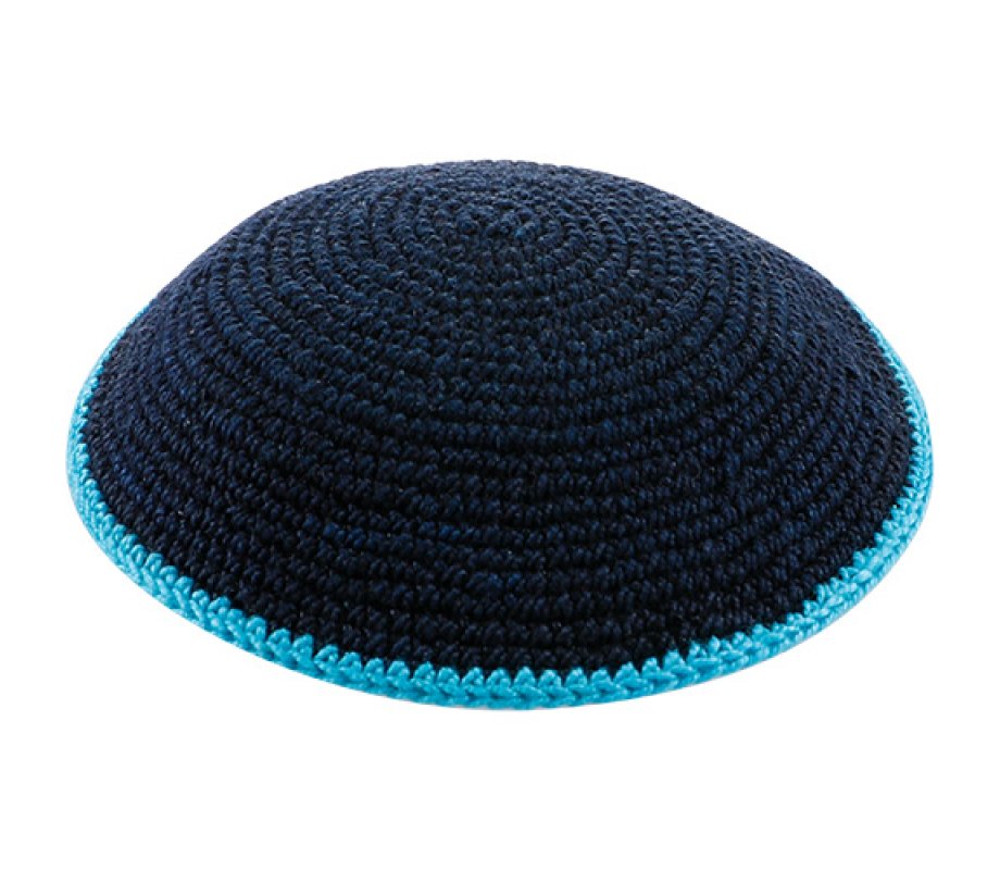 Dark Blue DMC Knitted Kippah with Light Blue Border - Various Sizes
