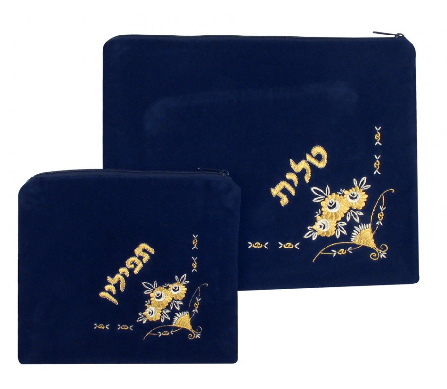Dark Blue Velvet Tallit & Tefillin Bags Flowers design