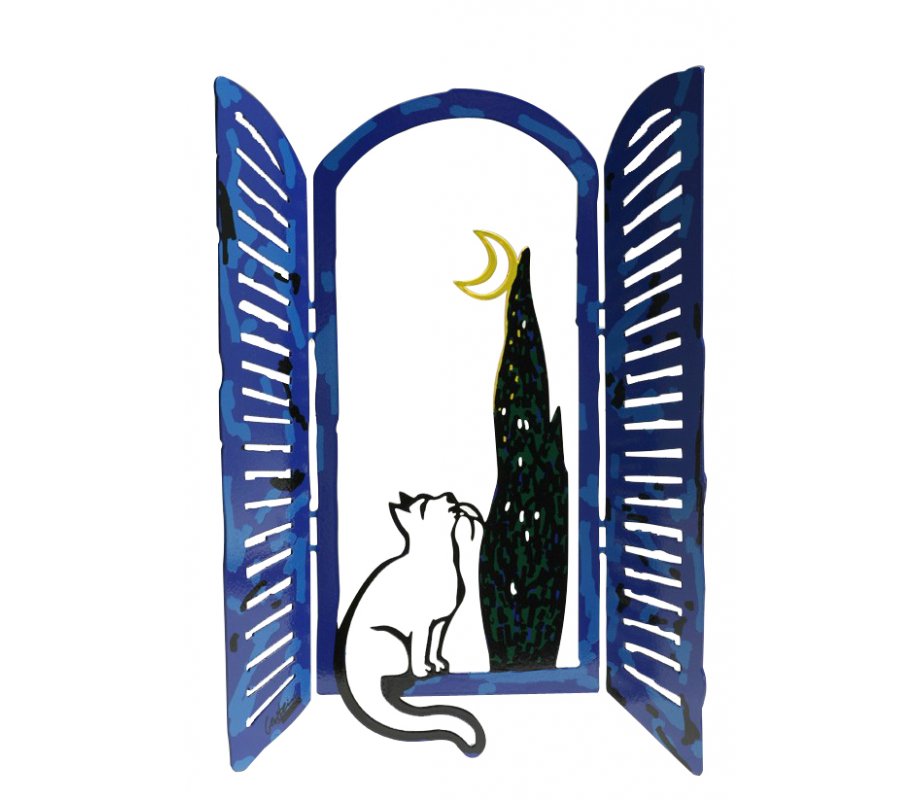 David Gerstein Free Standing Open Window Sculpture - Cat Moon and Tree
