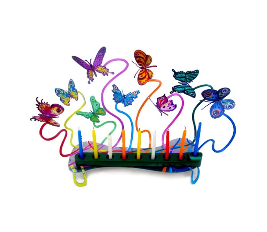 David Gerstein Laser Cut Metal Colorful Chanukah Menorah - Fluttering Butterflies