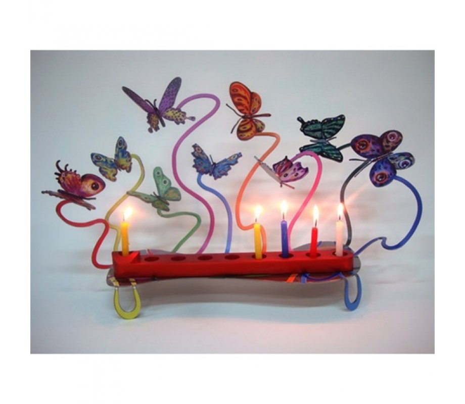 David Gerstein Laser Cut Metal Colorful Chanukah Menorah - Fluttering Butterflies