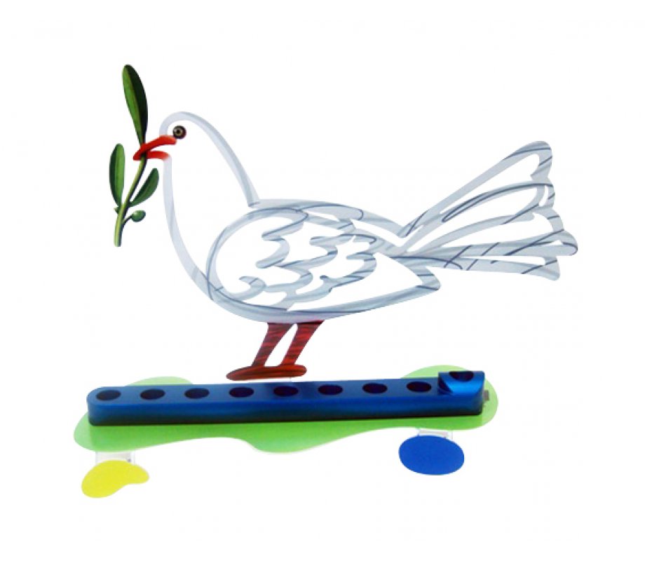 David Gerstein Laser Cut Metal White and Blue Hanukkah Menorah - Peace Dove