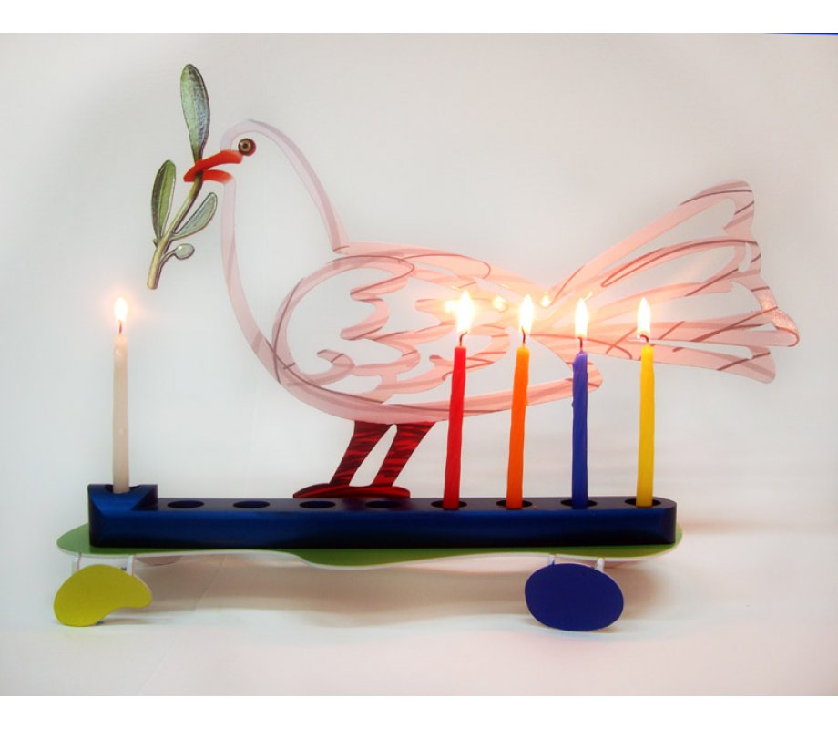 David Gerstein Laser Cut Metal White and Blue Hanukkah Menorah - Peace Dove